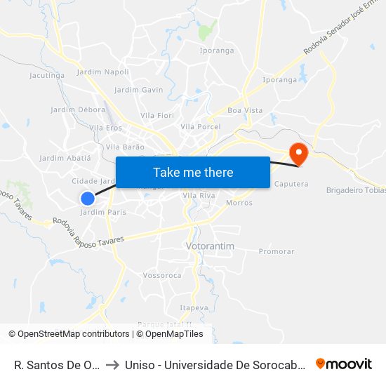 R. Santos De Oliveira, 156 to Uniso - Universidade De Sorocaba Cidade Universitária map