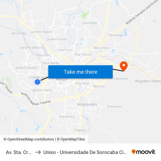 Av. Sta. Cruz, 995 to Uniso - Universidade De Sorocaba Cidade Universitária map