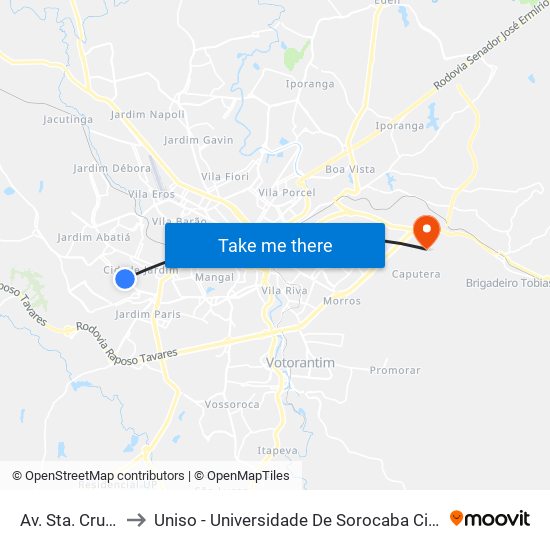 Av. Sta. Cruz, 1296 to Uniso - Universidade De Sorocaba Cidade Universitária map