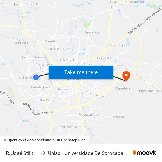 R. José Stilitano, 887 to Uniso - Universidade De Sorocaba Cidade Universitária map