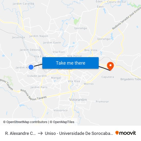 R. Alexandre Caldini, 176 to Uniso - Universidade De Sorocaba Cidade Universitária map