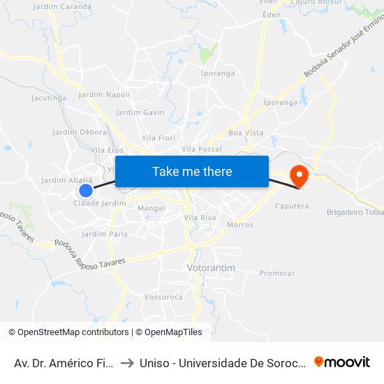 Av. Dr. Américo Figueiredo, 1901 to Uniso - Universidade De Sorocaba Cidade Universitária map