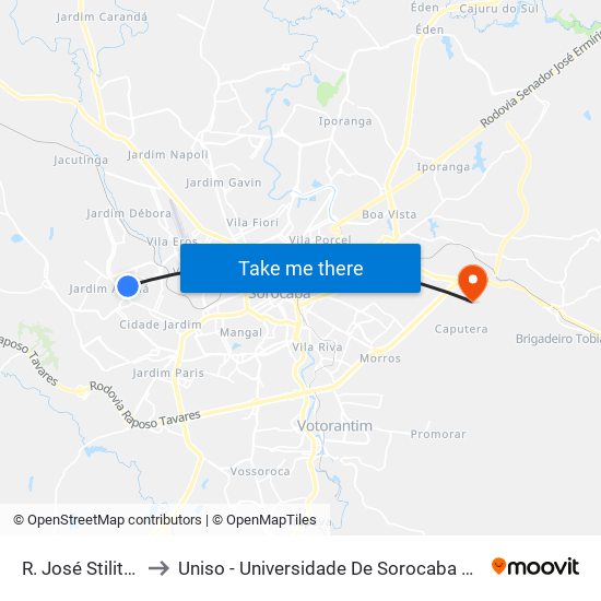 R. José Stilitano, 520 to Uniso - Universidade De Sorocaba Cidade Universitária map