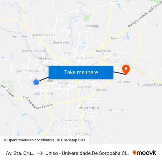 Av. Sta. Cruz, 1474 to Uniso - Universidade De Sorocaba Cidade Universitária map