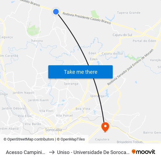 Acesso Campininha Alta, S/Nº. to Uniso - Universidade De Sorocaba Cidade Universitária map