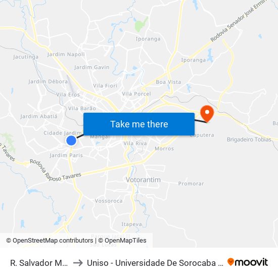 R. Salvador Milego, 119 to Uniso - Universidade De Sorocaba Cidade Universitária map