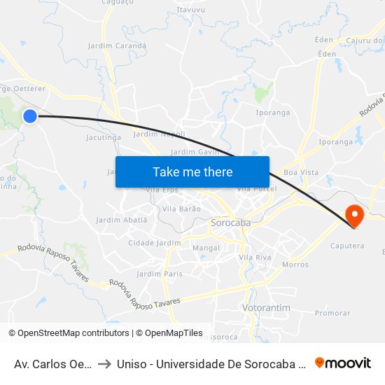 Av. Carlos Oetterer, Sn to Uniso - Universidade De Sorocaba Cidade Universitária map