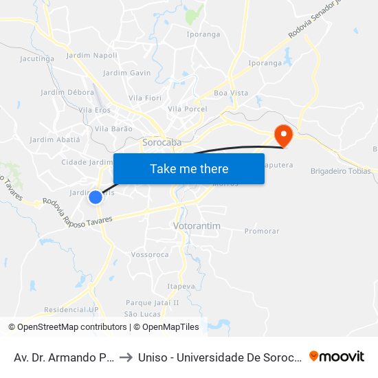 Av. Dr. Armando Pannunzio, 1144 to Uniso - Universidade De Sorocaba Cidade Universitária map