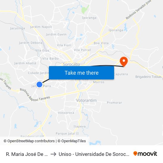 R. Maria José De C. Pagliato, 73 to Uniso - Universidade De Sorocaba Cidade Universitária map