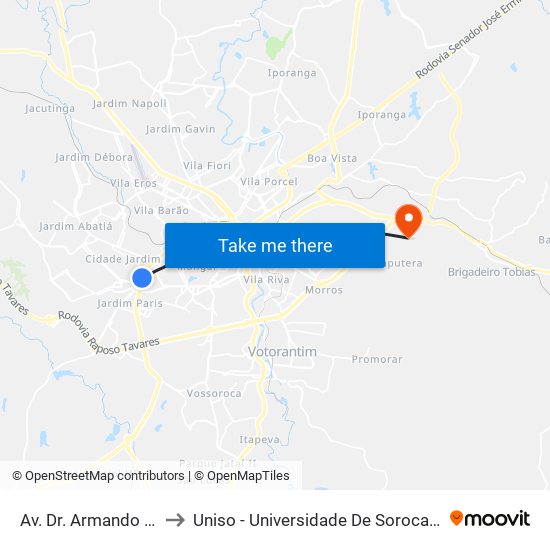Av. Dr. Armando Pannunzio, Sn to Uniso - Universidade De Sorocaba Cidade Universitária map