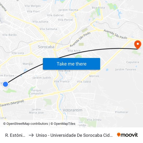 R. Estônia, 138 to Uniso - Universidade De Sorocaba Cidade Universitária map