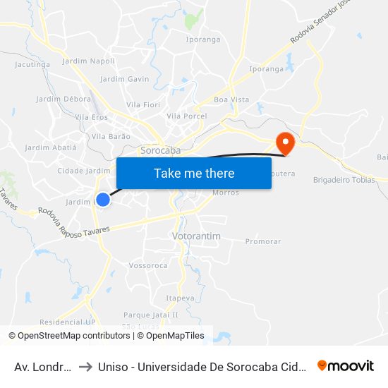 Av. Londres, Sn to Uniso - Universidade De Sorocaba Cidade Universitária map