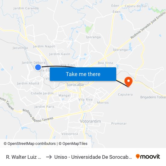 R. Walter Luiz Soares, 102 to Uniso - Universidade De Sorocaba Cidade Universitária map