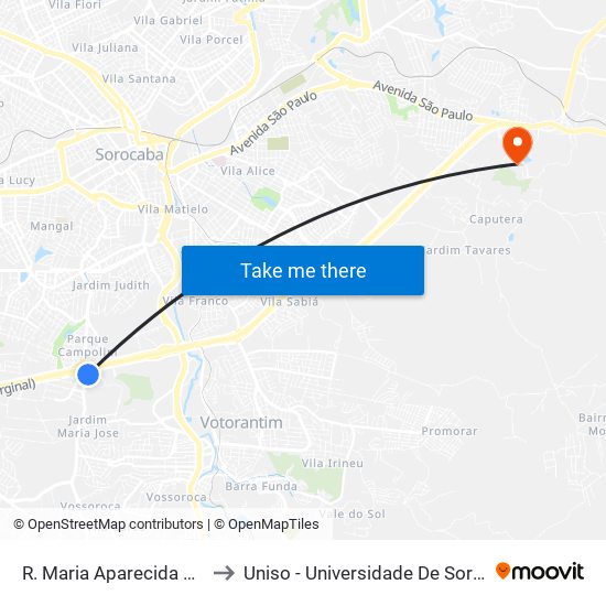 R. Maria Aparecida Pessutti Milego, S/Nº to Uniso - Universidade De Sorocaba Cidade Universitária map