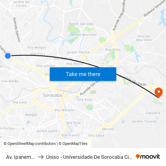 Av. Ipanema, 1800 to Uniso - Universidade De Sorocaba Cidade Universitária map