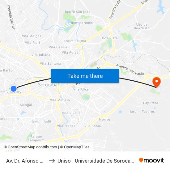 Av. Dr. Afonso Vergueiro, Sn to Uniso - Universidade De Sorocaba Cidade Universitária map