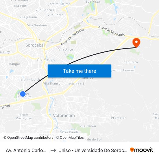 Av. Antônio Carlos Comitre, 1244 to Uniso - Universidade De Sorocaba Cidade Universitária map