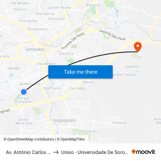 Av. Antônio Carlos Comitre Nº 2051 to Uniso - Universidade De Sorocaba Cidade Universitária map