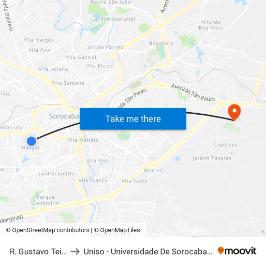 R. Gustavo Teixeira, 348 to Uniso - Universidade De Sorocaba Cidade Universitária map