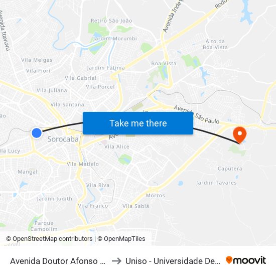 Avenida Doutor Afonso Vergueiro - Sorocaba Shopping to Uniso - Universidade De Sorocaba Cidade Universitária map