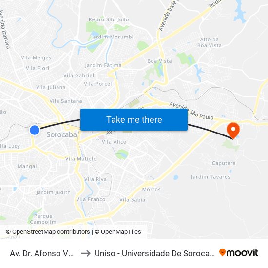 Av. Dr. Afonso Vergueiro, 1749 to Uniso - Universidade De Sorocaba Cidade Universitária map