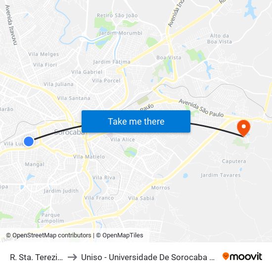 R. Sta. Terezinha, 247 to Uniso - Universidade De Sorocaba Cidade Universitária map