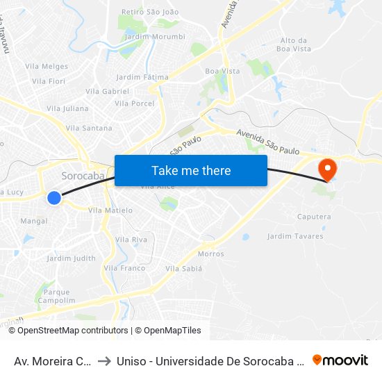 Av. Moreira Cesar, 262 to Uniso - Universidade De Sorocaba Cidade Universitária map