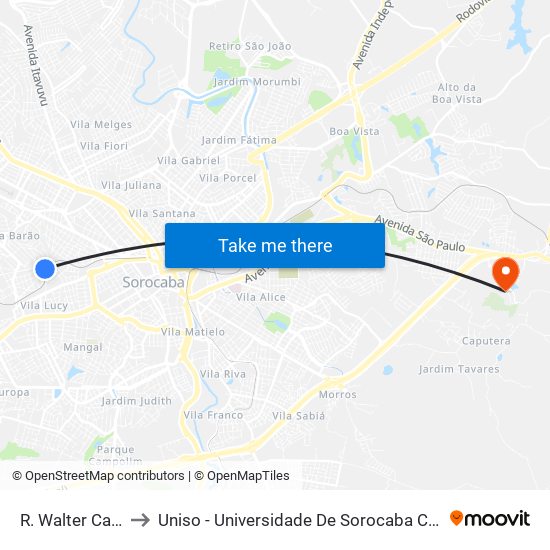 R. Walter Caldini, Sn to Uniso - Universidade De Sorocaba Cidade Universitária map