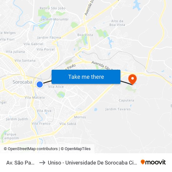 Av. São Paulo, 289 to Uniso - Universidade De Sorocaba Cidade Universitária map