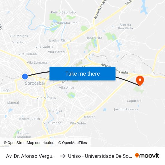 Av. Dr. Afonso Vergueiro, Nº 1.238 ""Cei-16"" to Uniso - Universidade De Sorocaba Cidade Universitária map