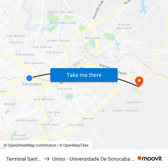 Terminal Santo Antônio to Uniso - Universidade De Sorocaba Cidade Universitária map