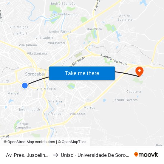Av. Pres. Juscelino Kubitschek, 28 to Uniso - Universidade De Sorocaba Cidade Universitária map