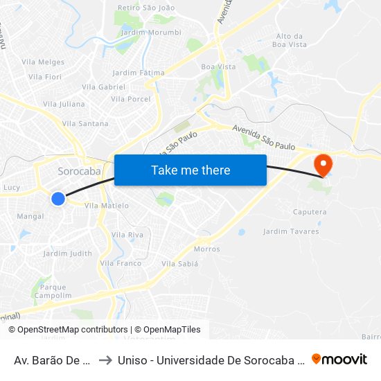 Av. Barão De Tatuí, 187 to Uniso - Universidade De Sorocaba Cidade Universitária map
