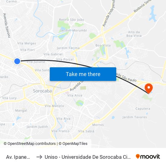 Av. Ipanema, 513 to Uniso - Universidade De Sorocaba Cidade Universitária map