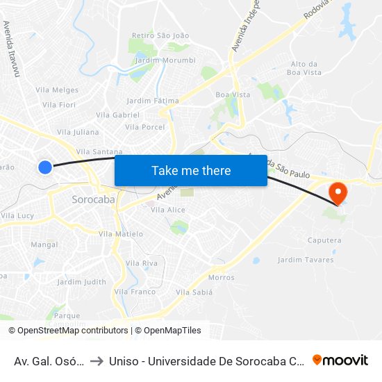 Av. Gal. Osório, 837 to Uniso - Universidade De Sorocaba Cidade Universitária map