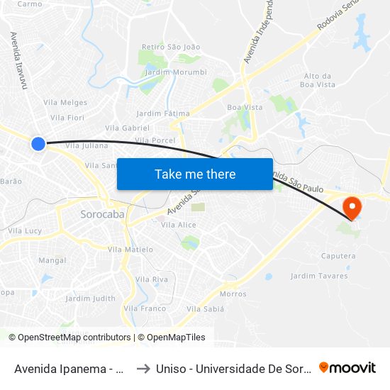 Avenida Ipanema - Comercial Esperança to Uniso - Universidade De Sorocaba Cidade Universitária map