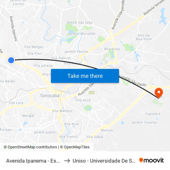 Avenida Ipanema - Escola João Francisco Rosa to Uniso - Universidade De Sorocaba Cidade Universitária map