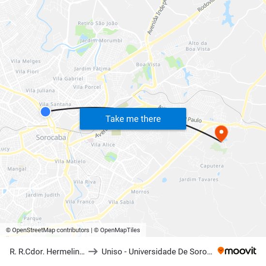 R. R.Cdor. Hermelino Matarazzo, 640 to Uniso - Universidade De Sorocaba Cidade Universitária map