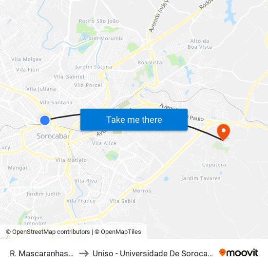 R. Mascaranhas Camelo, 211 to Uniso - Universidade De Sorocaba Cidade Universitária map