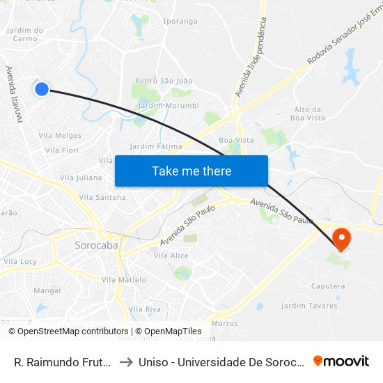 R. Raimundo Frutuoso Silva, 691 to Uniso - Universidade De Sorocaba Cidade Universitária map