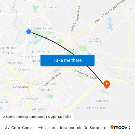 Av. Cdor. Camilo Júlio, 535 to Uniso - Universidade De Sorocaba Cidade Universitária map