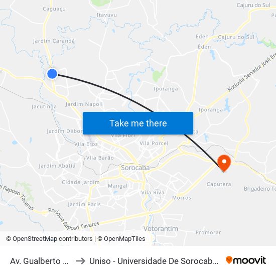 Av. Gualberto Moreira, Sn to Uniso - Universidade De Sorocaba Cidade Universitária map