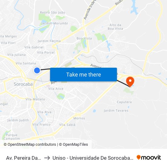 Av. Pereira Da Silva, 351 to Uniso - Universidade De Sorocaba Cidade Universitária map