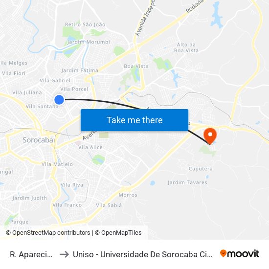 R. Aparecida, 940 to Uniso - Universidade De Sorocaba Cidade Universitária map