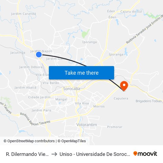 R. Dilermando Vieira Borges, 226 to Uniso - Universidade De Sorocaba Cidade Universitária map