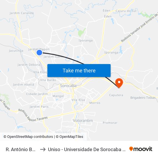 R. Antônio Basso, 236 to Uniso - Universidade De Sorocaba Cidade Universitária map