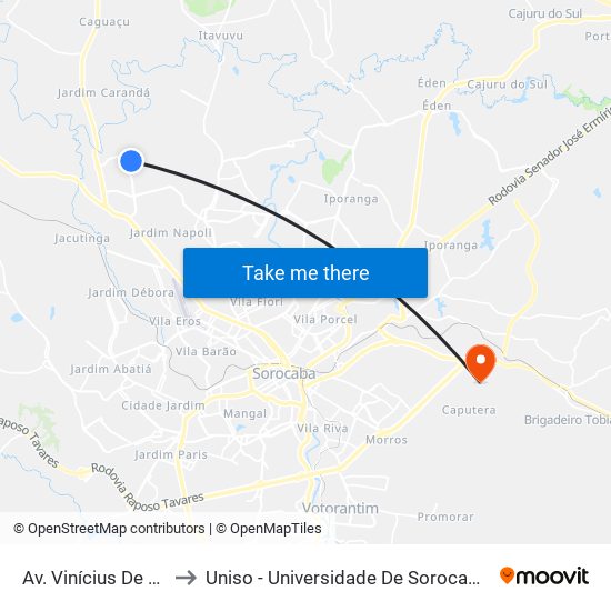Av. Vinícius De Moraes, 580 to Uniso - Universidade De Sorocaba Cidade Universitária map