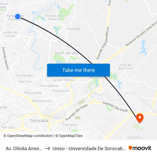 Av. Olinda Aires Paulete, Sn to Uniso - Universidade De Sorocaba Cidade Universitária map