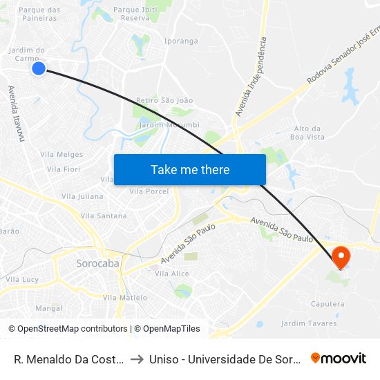 R. Menaldo Da Costa S. Rodrigues, 445 to Uniso - Universidade De Sorocaba Cidade Universitária map