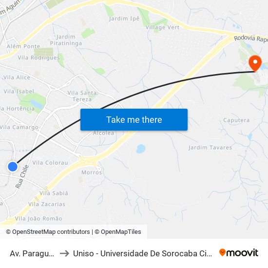 Av. Paraguay, 468 to Uniso - Universidade De Sorocaba Cidade Universitária map